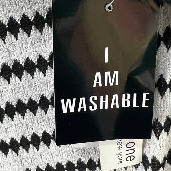 Studio One Knit Dress S Black White Diamond Striped Belted Stretch Work Career - Picture 13 of 14